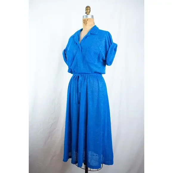 Vintage 70s Royal Blue Terry Cloth Textured Midi Dress, Indie Mod Retro, Small - Picture 7 of 10